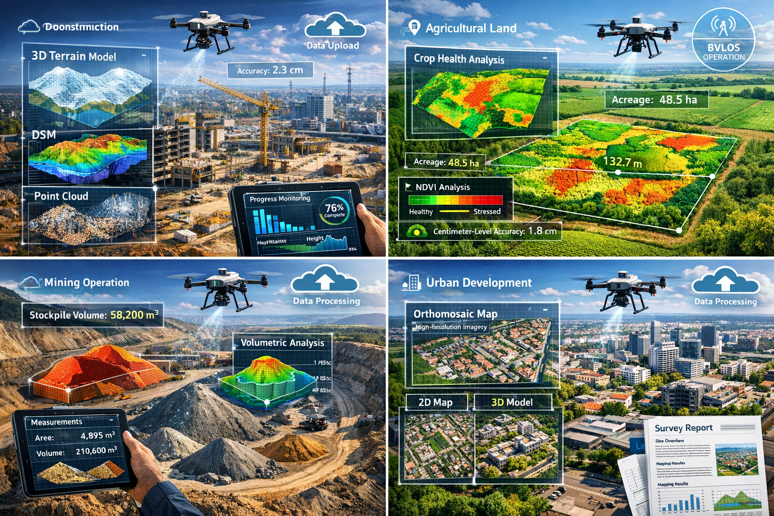 Detailed landscape format (1536x1024) image showcasing real-world applications of autonomous drones across multiple property types. Composit