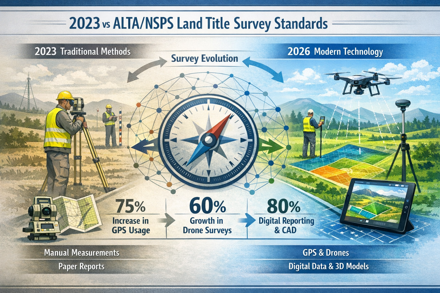 Key Takeaways section infographic: Split-screen landscape visualization comparing 2023 vs 2026 ALTA/NSPS Land Title Survey Standards. Left s