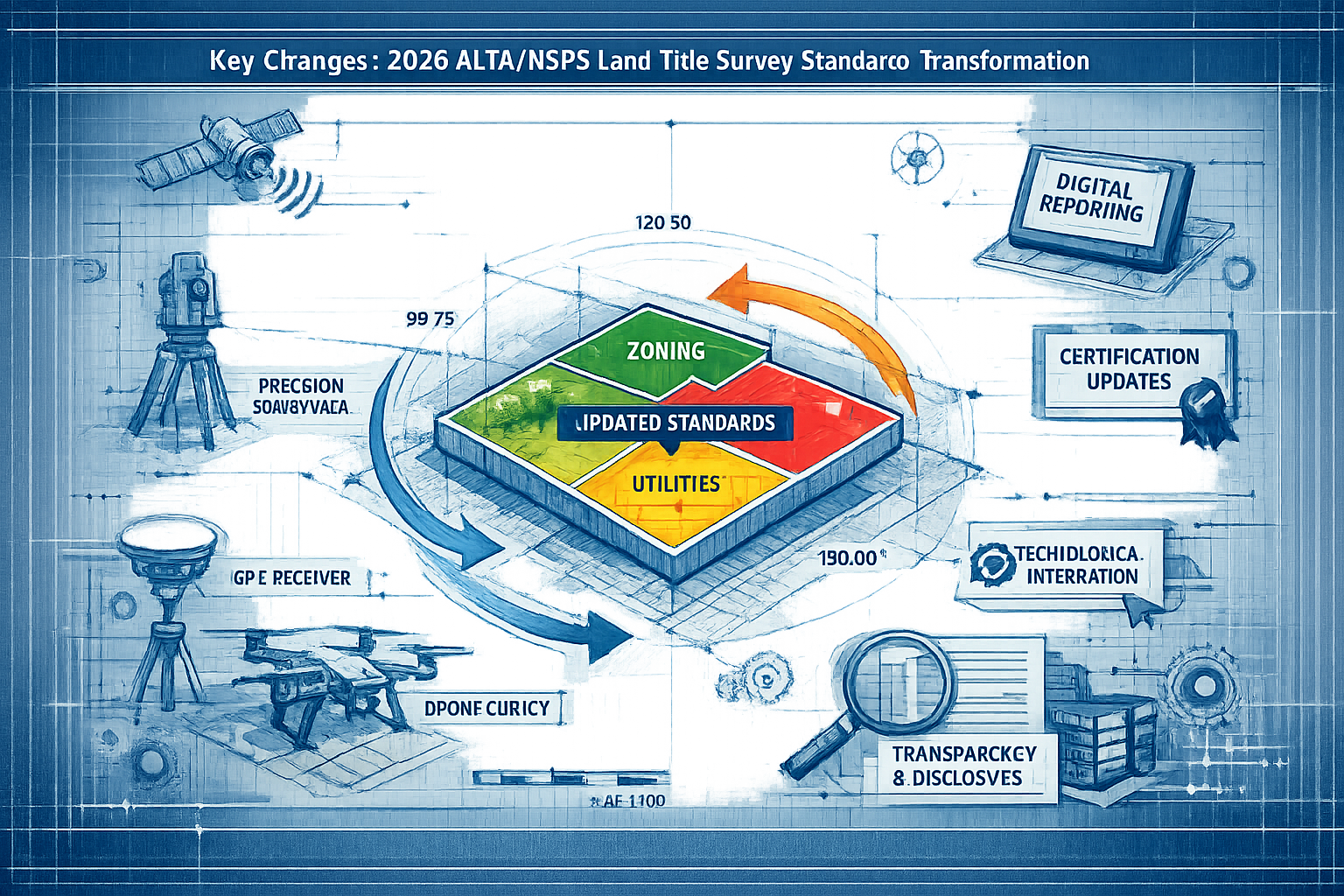 Key Changes section visual: Architectural blueprint-style diagram illustrating the 2026 ALTA/NSPS Land Title Survey Standards transformation