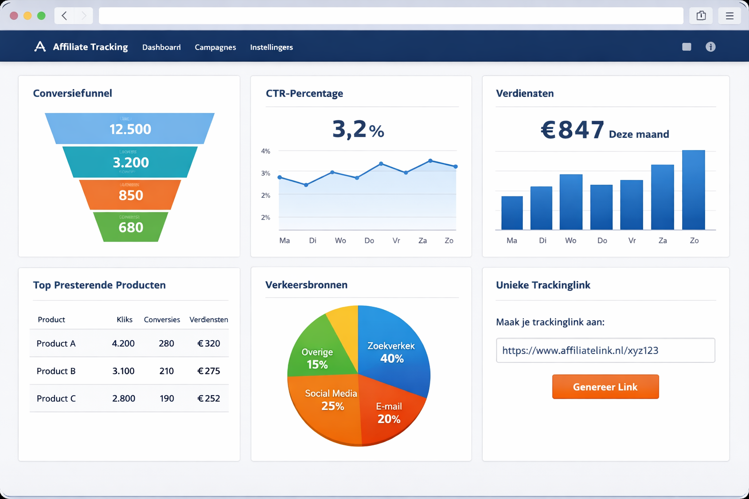 Landscape format (1536x1024) technical screenshot mockup of affiliate tracking dashboard interface showing key metrics. Dashboard displays c