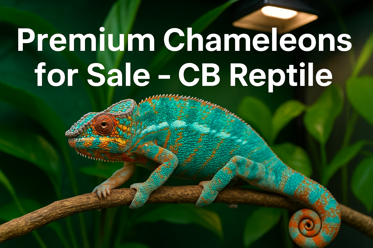 Professional landscape hero image (1536x1024) featuring bold text overlay 'Premium Chameleons for Sale - CB Reptile' in extra large 72pt whi