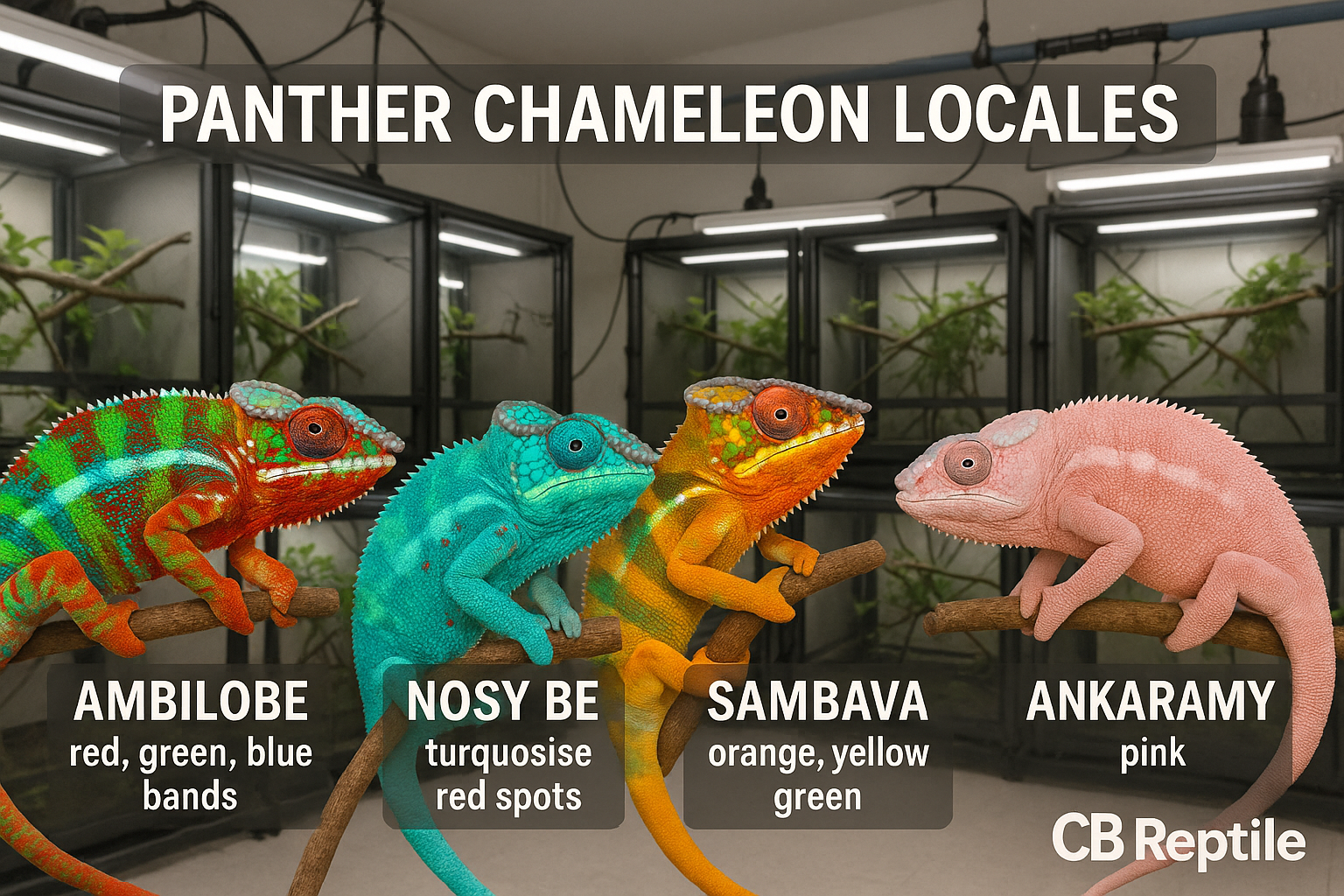 Detailed landscape image (1536x1024) showing comparison chart of panther chameleon locales with colorful specimens from Ambilobe, Nosy Be, S