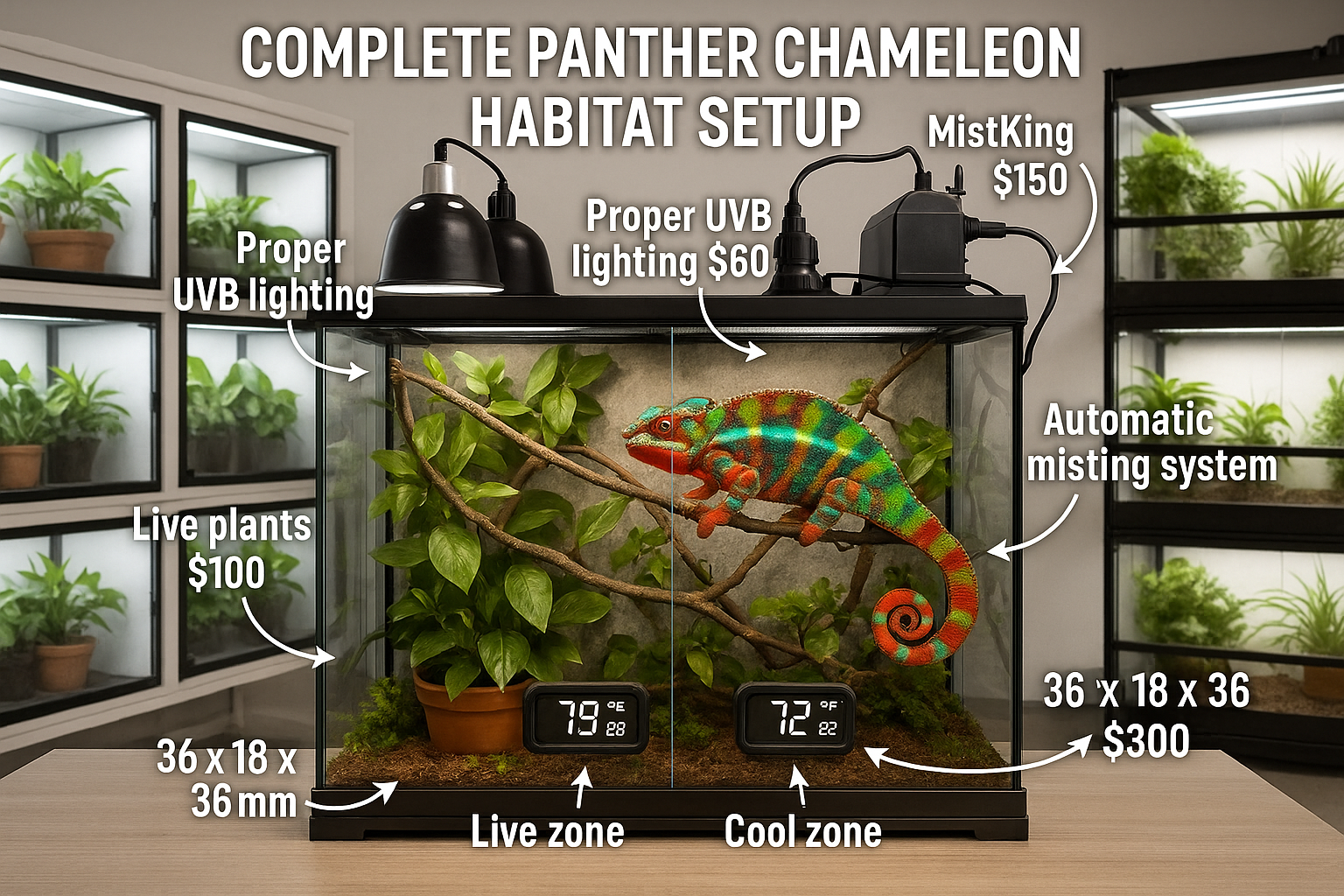 Professional landscape image (1536x1024) depicting complete panther chameleon habitat setup with detailed equipment breakdown. Large glass t