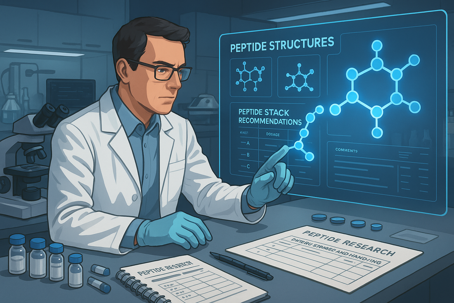 Conceptual illustration of a scientist in a modern lab analyzing peptide structures on a holographic display, surrounded by high-tech equipm