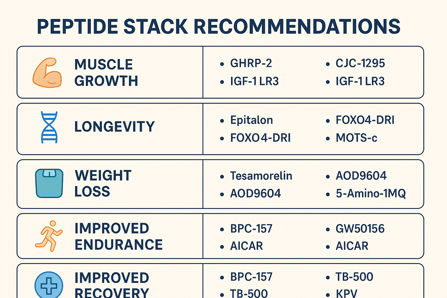 An infographic illustrating various peptide stack recommendations categorized by research goals: muscle growth, longevity, weight loss, impr