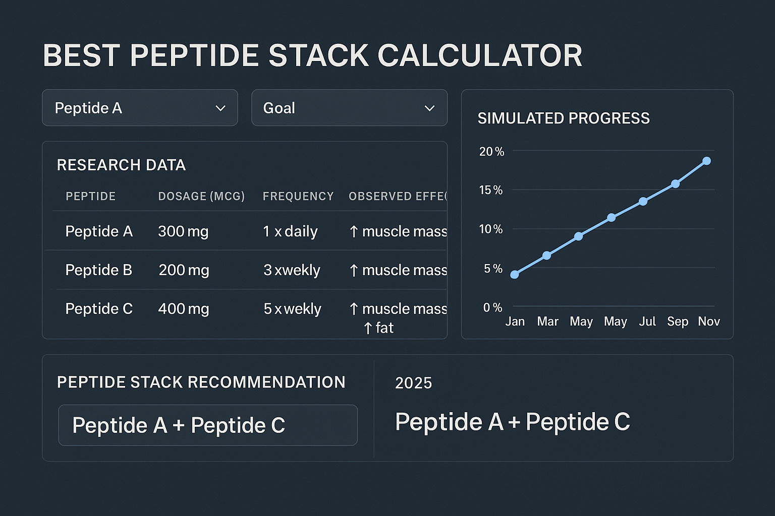 A professional, data-rich dashboard visualization for a 'best peptide stack calculator' interface, displaying hypothetical research data suc