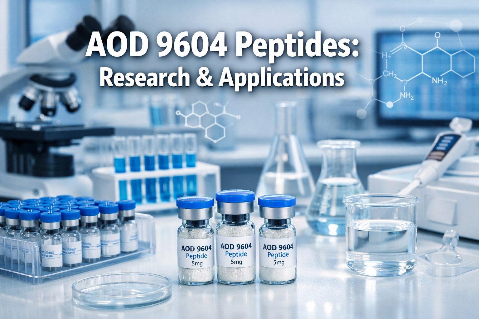 Professional landscape laboratory image (1536x1024) with bold text overlay 'AOD 9604 Peptides: Research & Applications' in 72pt white sans-s