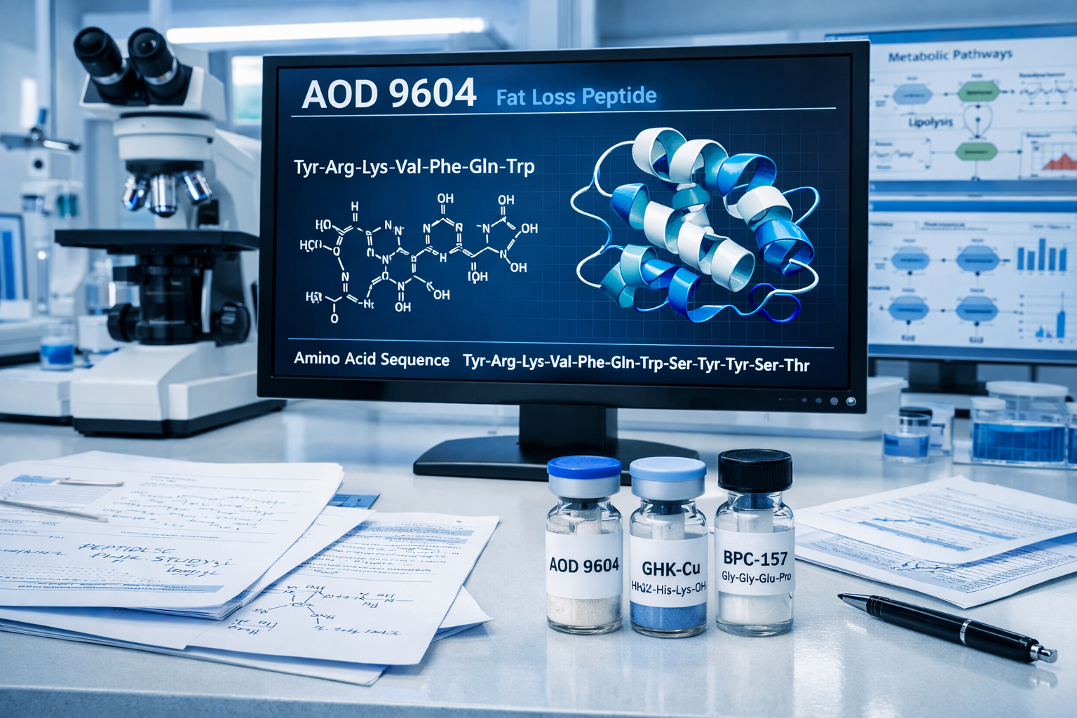 Scientific laboratory scene showing AOD 9604 peptide molecular structure diagram on digital screen with 3D protein folding visualization, re