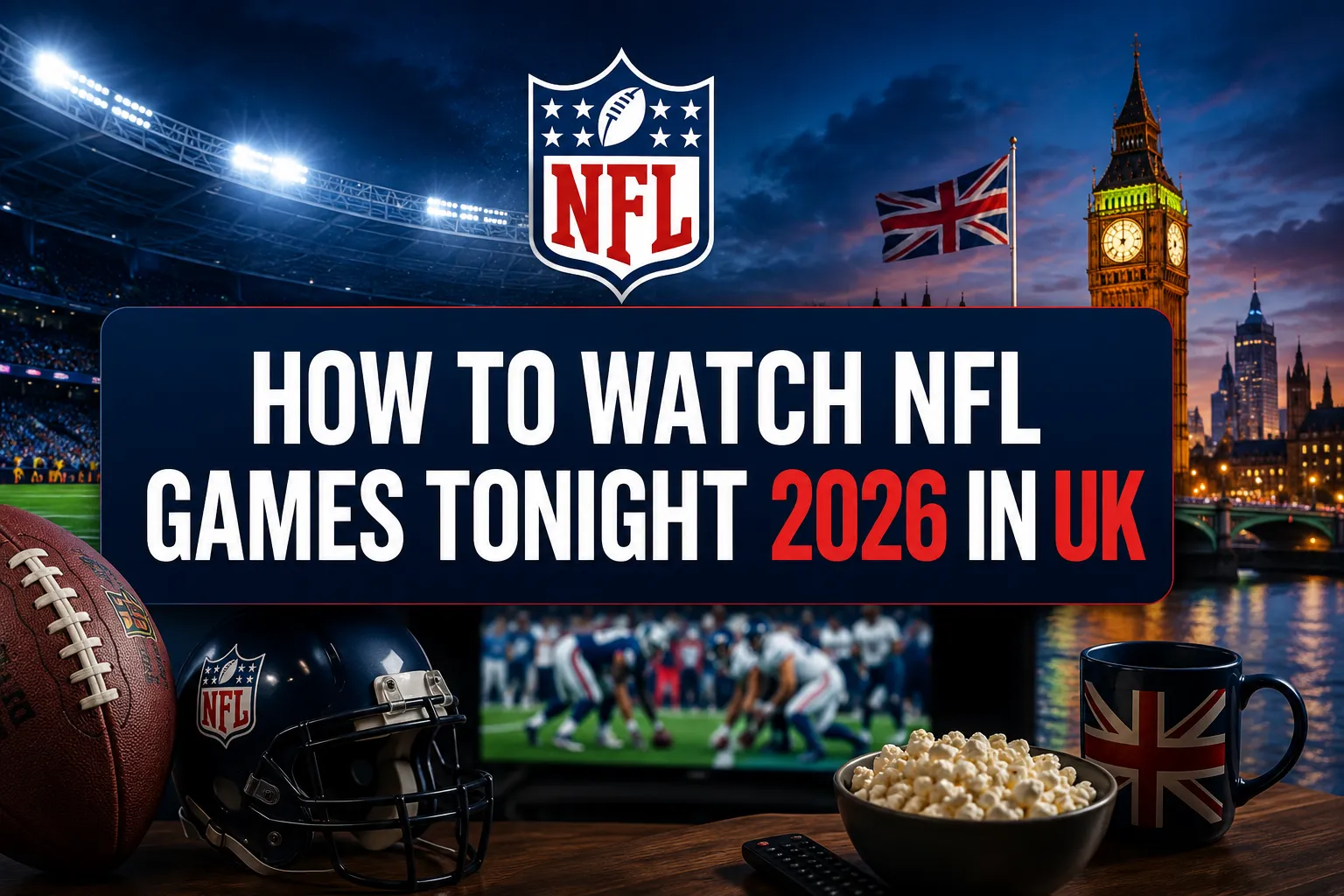 A reading "How to Watch NFL Games Tonight 2026 in…". CRITICAL TYPOGRAPHY RULES: render the text on 1–2 lines, centered, with