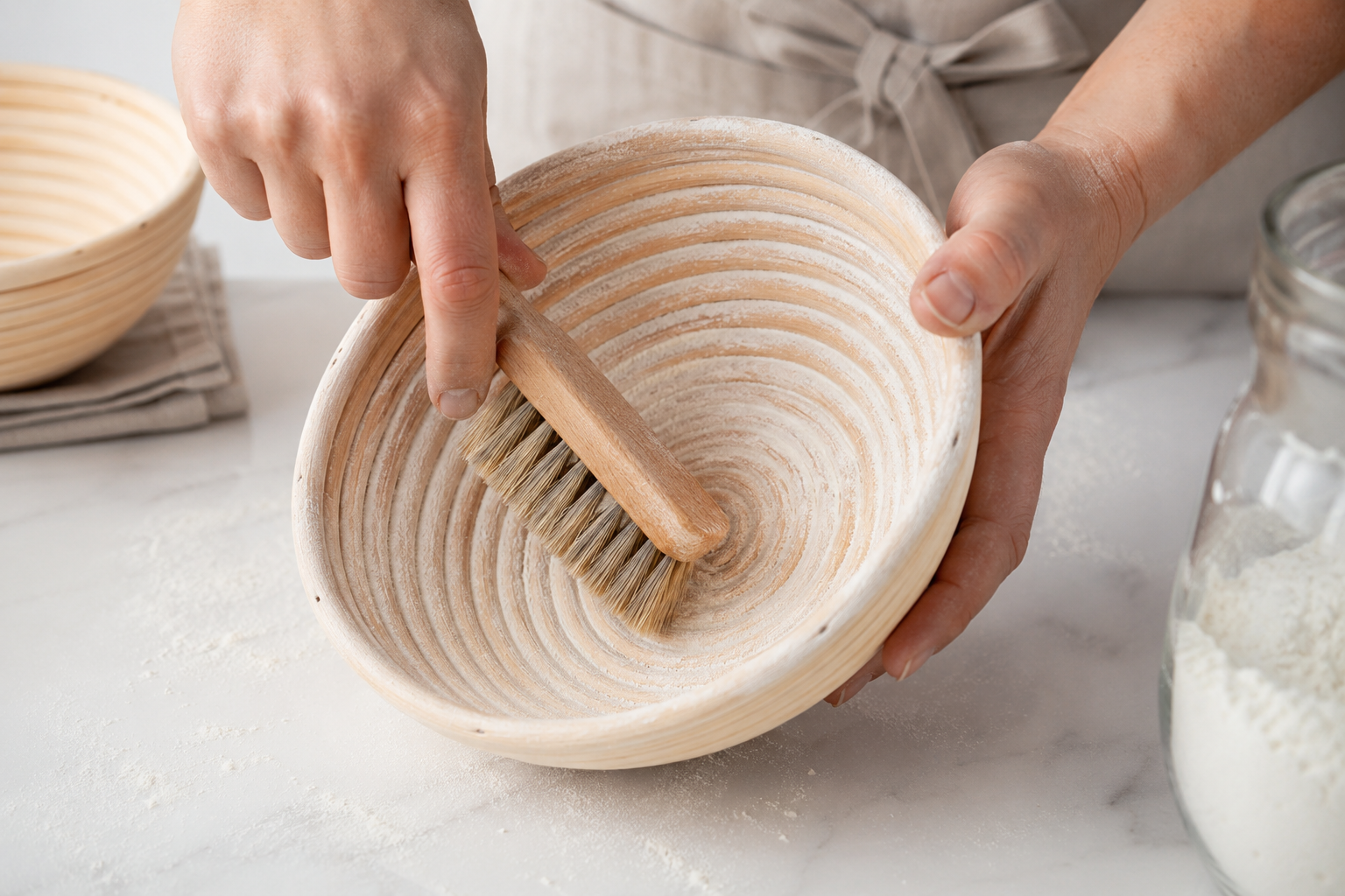 Detailed landscape format (1536x1024) instructional image showing the cleaning process of a wood pulp banneton, a hand using a stiff bristle brush to remove dry flour from the basket, bright and clean kitchen setting, close up shot, editorial quality, Bulka Banneton focus How to Clean and Maintain a Bulka Banneton
