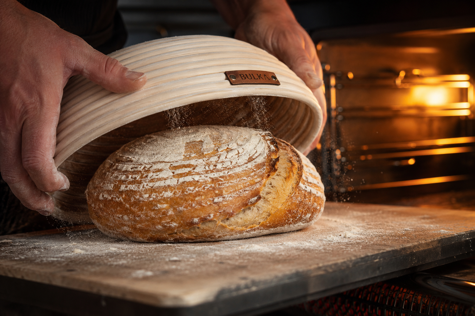 Detailed landscape format (1536x1024) troubleshooting image showing a sourdough loaf being turned out of a Bulka banneton onto a baking stone, capturing the moment of release, flour dusting visible, warm oven light in the background, Bulka Banneton focus Alternatives to Bulka Banneton and Is It Worth It for Home Bakers?