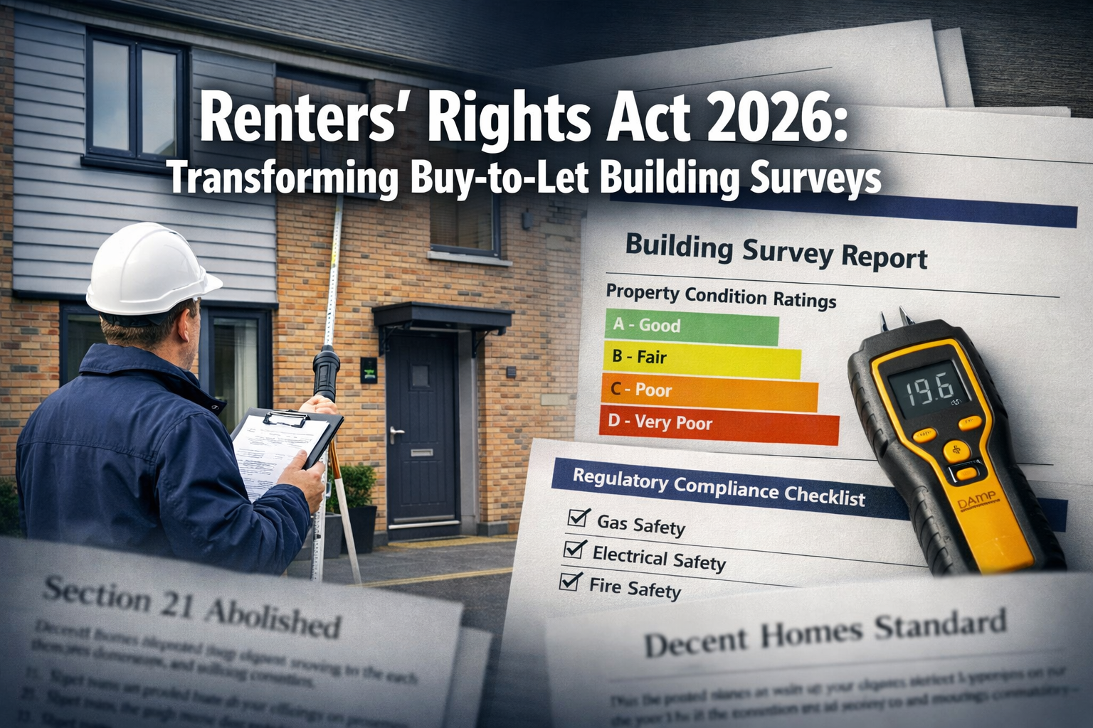 Professional () editorial hero image featuring 'Renters' Rights Act 2026: Transforming Buy-to-Let Building Surveys' in extra
