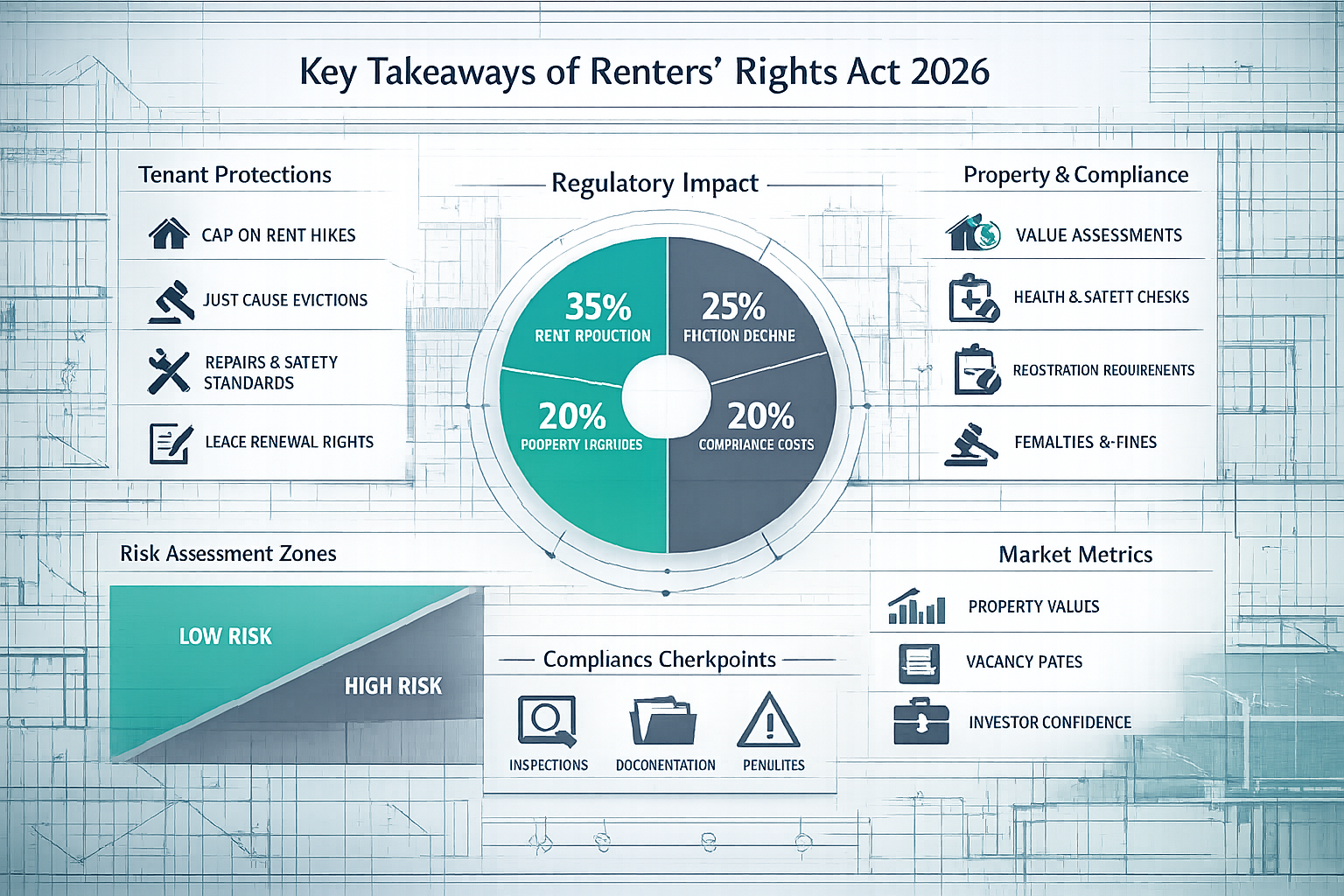 Comprehensive infographic visualizing Key Takeaways of Renters' Rights Act 2026, featuring layered architectural blueprint