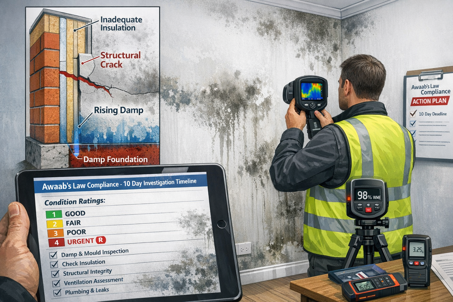 () technical illustration showing building surveyor conducting comprehensive property inspection inside rental property.