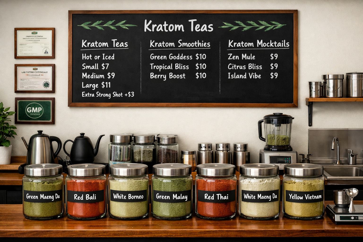 Professional landscape format (1536x1024) image displaying kratom bar product selection with organized glass jars containing different krato