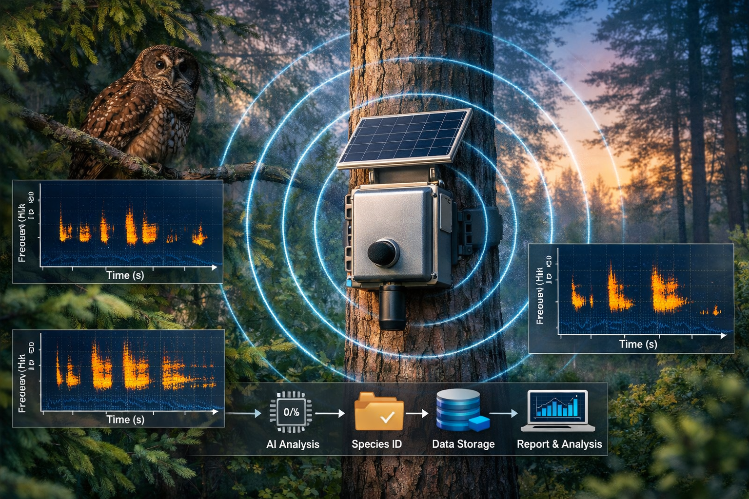 Detailed () image depicting passive acoustic monitoring technology in action. Center shows modern weatherproof acoustic