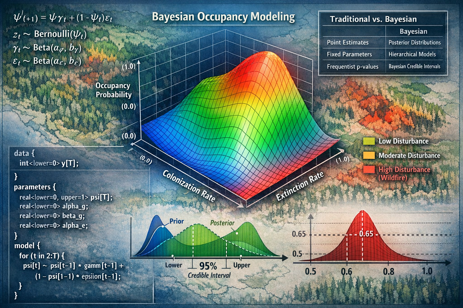 Detailed () image showing Bayesian statistical framework visualization for occupancy modeling. Center displays