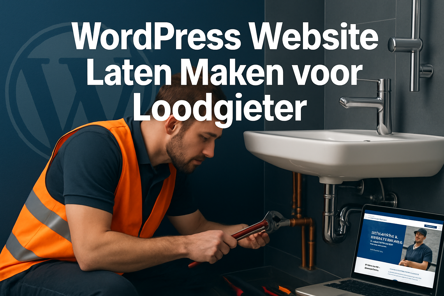 Professional landscape hero image (1536x1024) featuring bold white text overlay 'WordPress Website Laten Maken voor Loodgieter' in extra lar