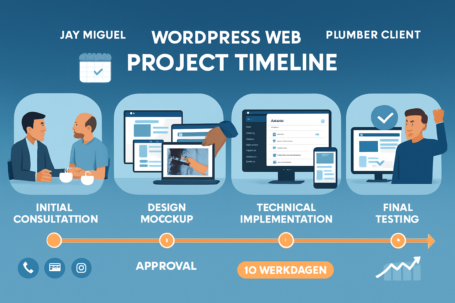 Professional landscape composition (1536x1024) showing complete WordPress website project timeline and collaboration process between Jay Mig