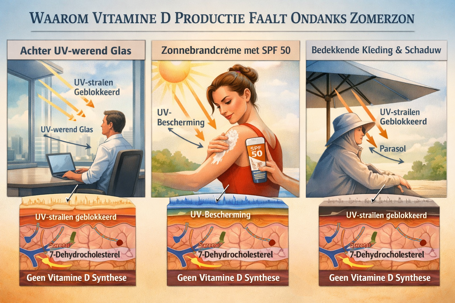 Detailed infographic illustration (1536x1024) showing three scenarios where vitamin D production fails despite summer sunshine: first panel
