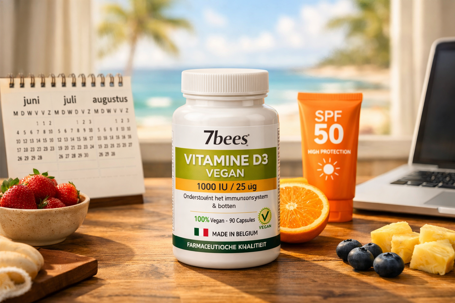 Product-focused lifestyle image (1536x1024) showing 7bees Vitamine D3 Vegan supplement bottle on wooden table with summer beach scene throug