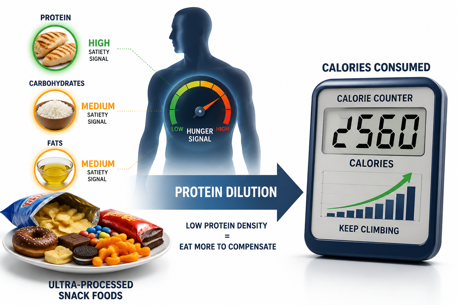 Detailed () scientific concept illustration showing a human silhouette with a hunger signal meter inside, surrounded by