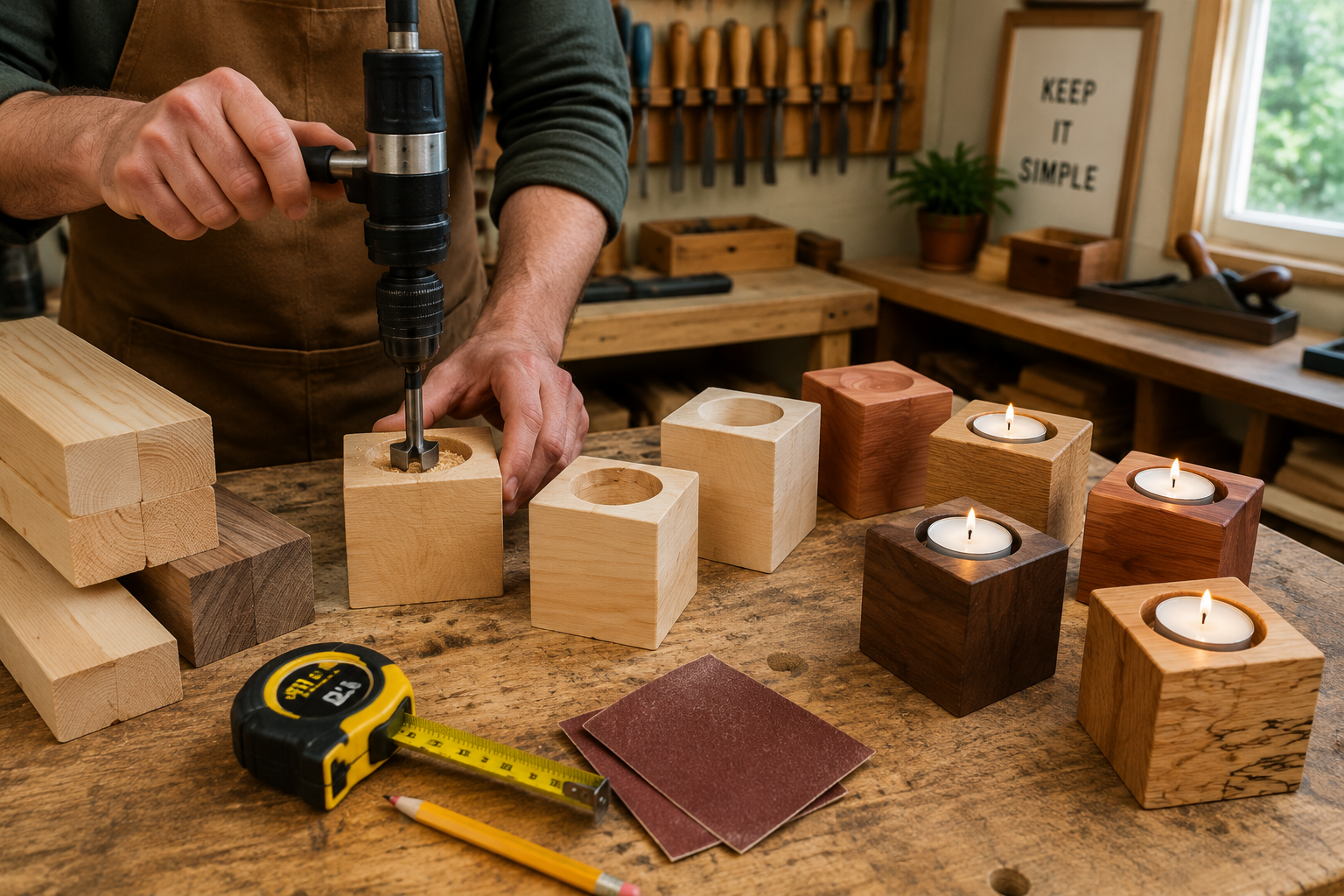 Detailed () image showing a workbench with various stages of simple wooden block candle holders: raw lumber, cut blocks with