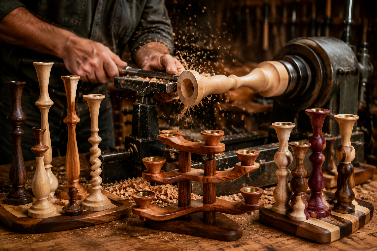 Detailed () image showcasing a lathe actively turning a piece of wood into an elegant, slender candle holder with graceful