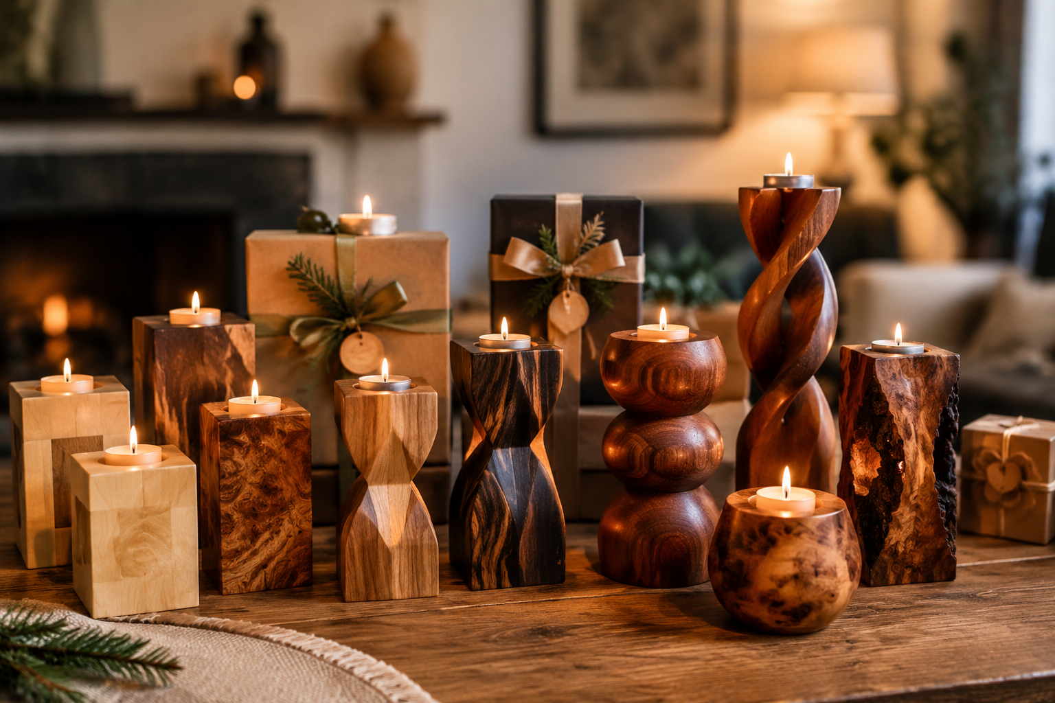 Detailed () image featuring a diverse collection of finished, stylish candle holders arranged in a home setting (e.g., a