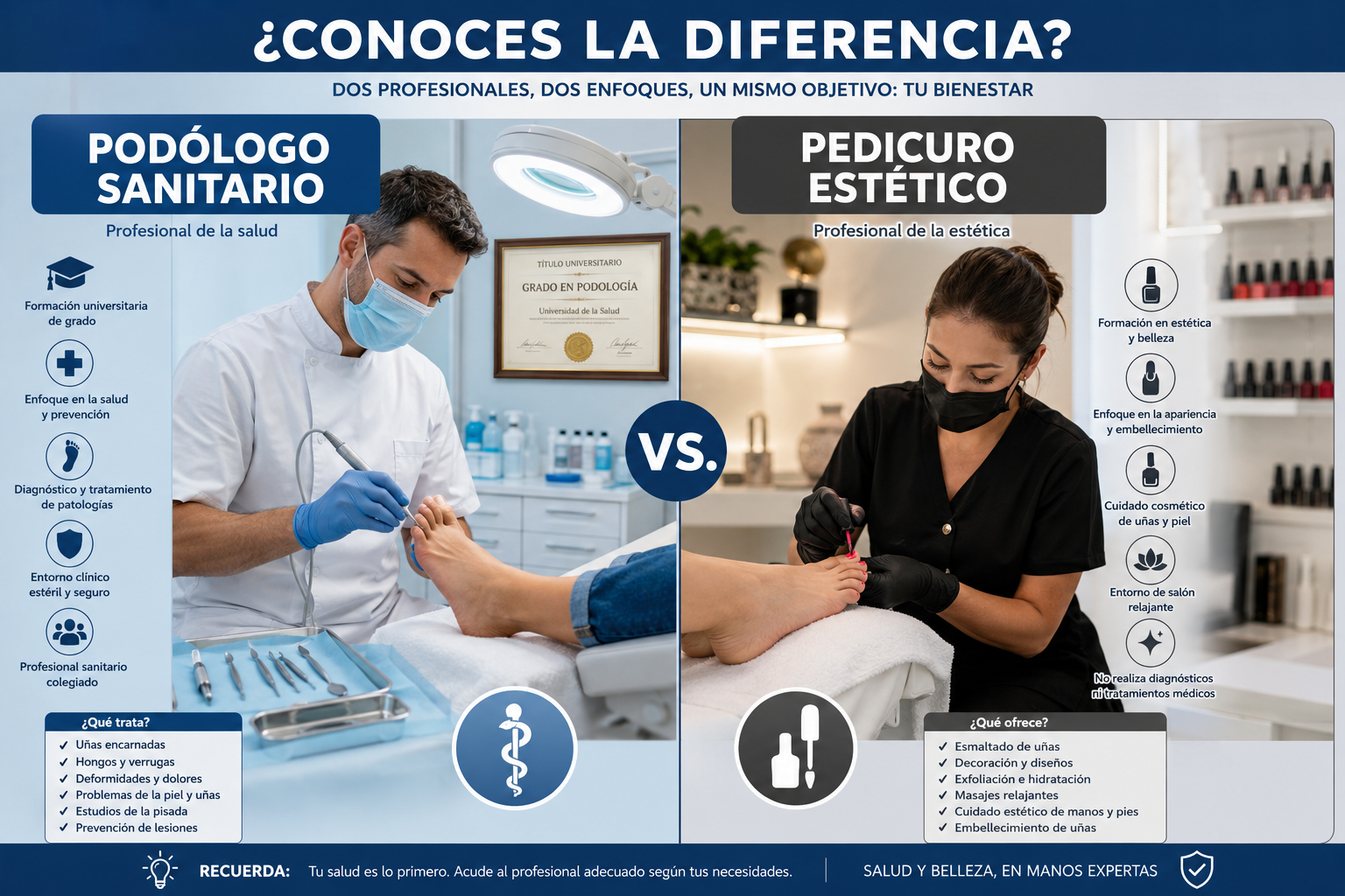 Diferencia entre podólogo y pedicuro: por qué importa elegir bien