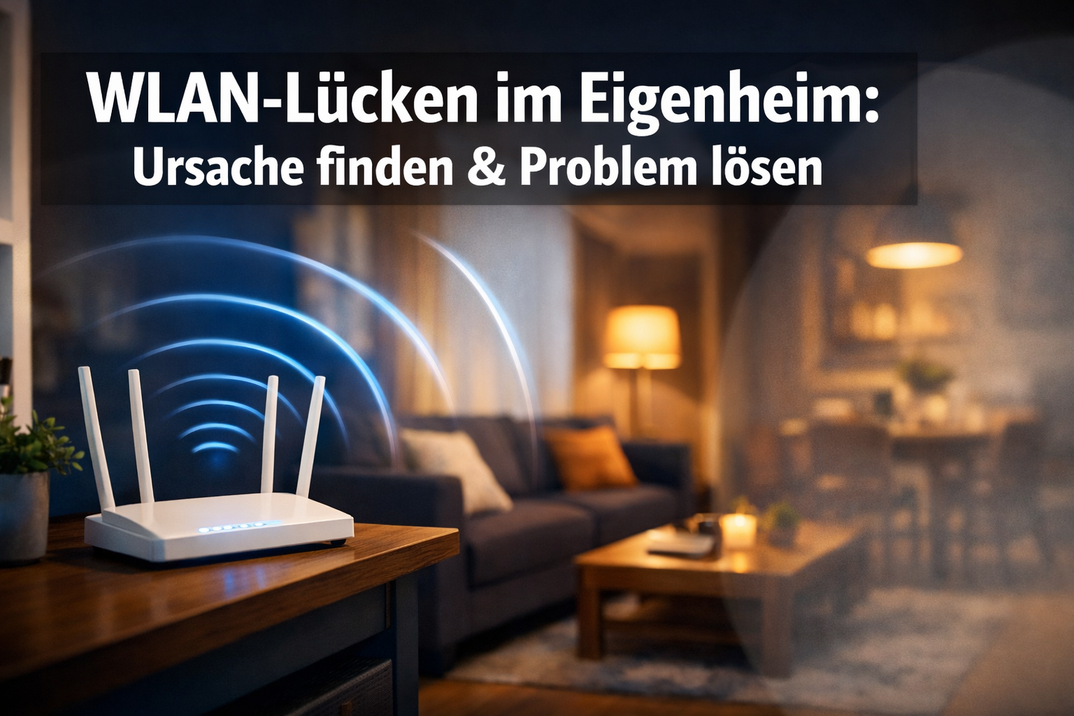 Professional () hero image with German 'WLAN-Lücken im Eigenheim: Ursache finden & Problem lösen' in extra large white with