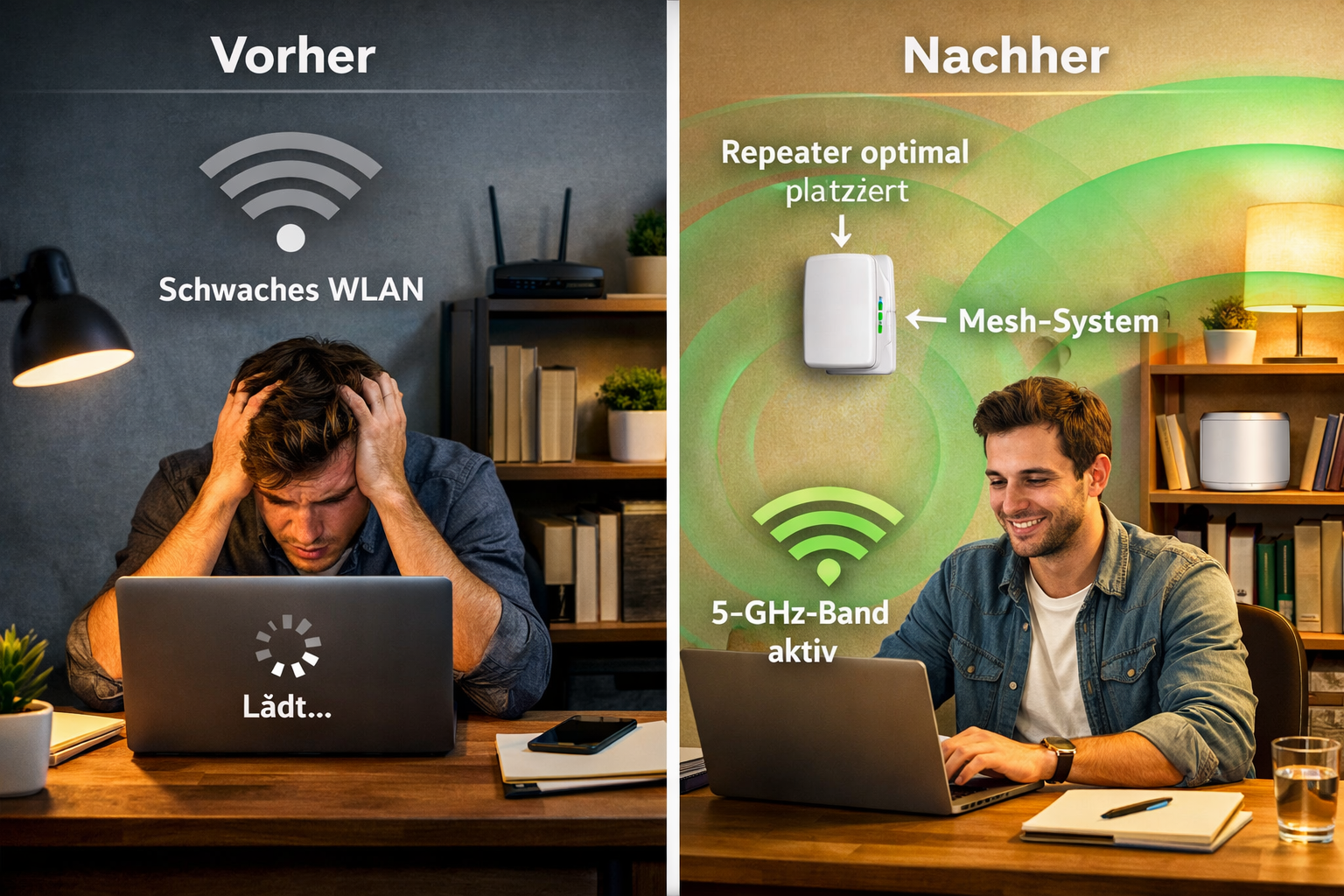 () showing a split-scene comparison: on the left, a frustrated person at a desk with a weak WiFi signal icon and slow