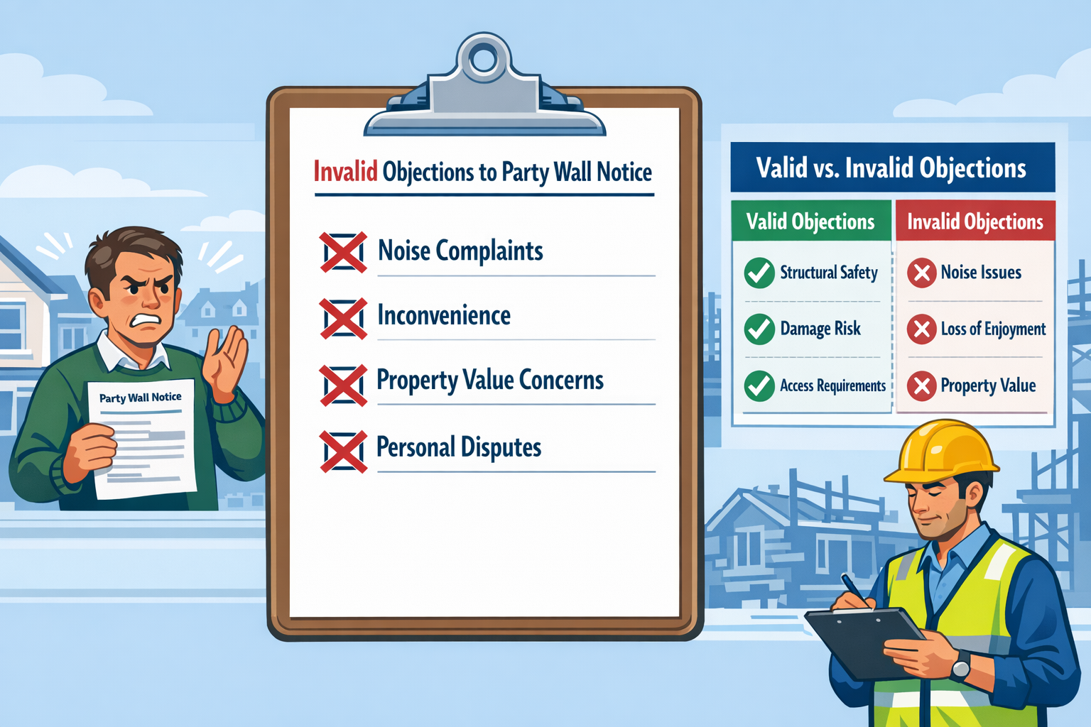 Detailed landscape format (1536x1024) illustration showing common invalid neighbor objections to party wall notices. Central composition fea