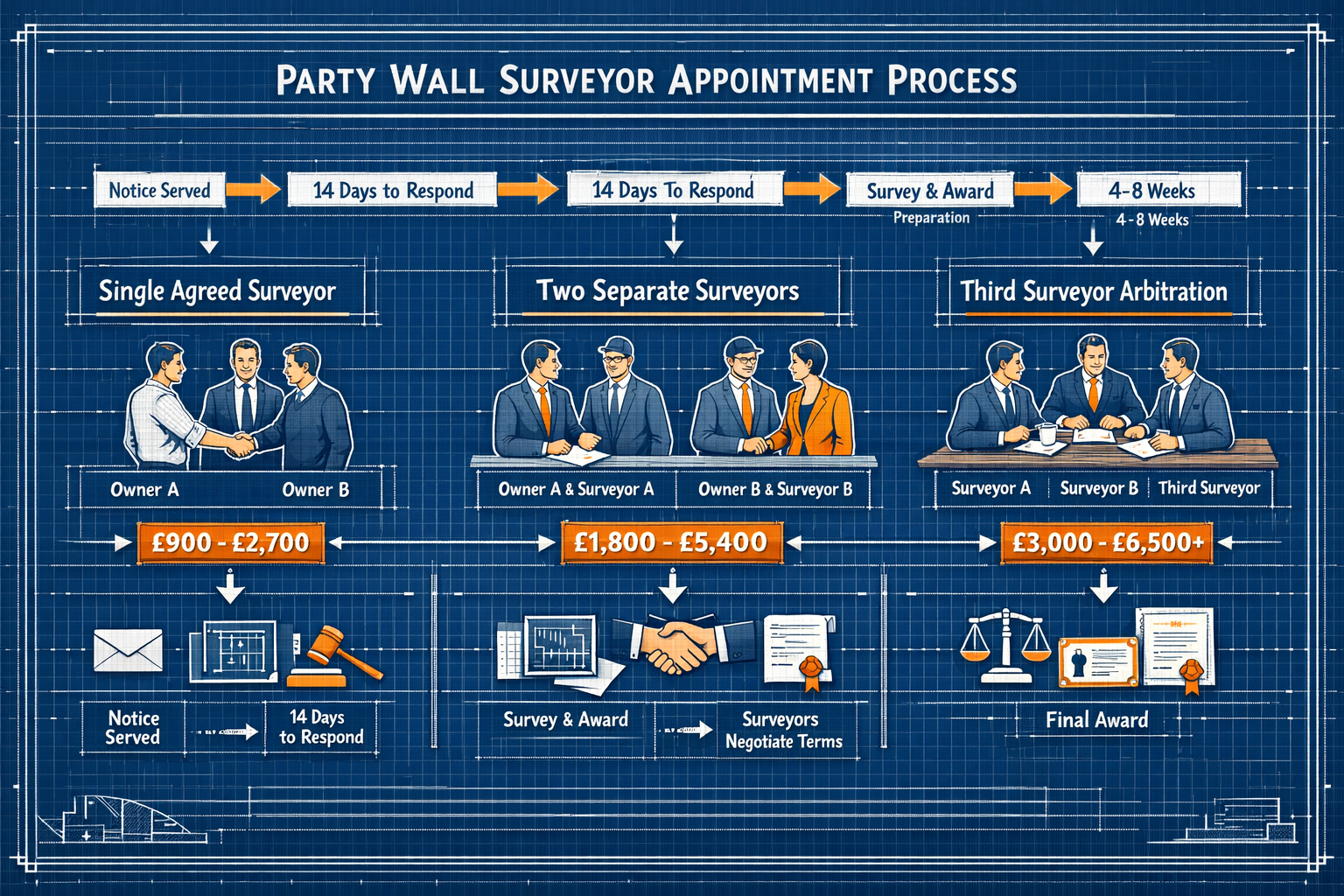 Detailed landscape format (1536x1024) visual diagram showing party wall surveyor appointment process flowchart. Center displays three pathwa