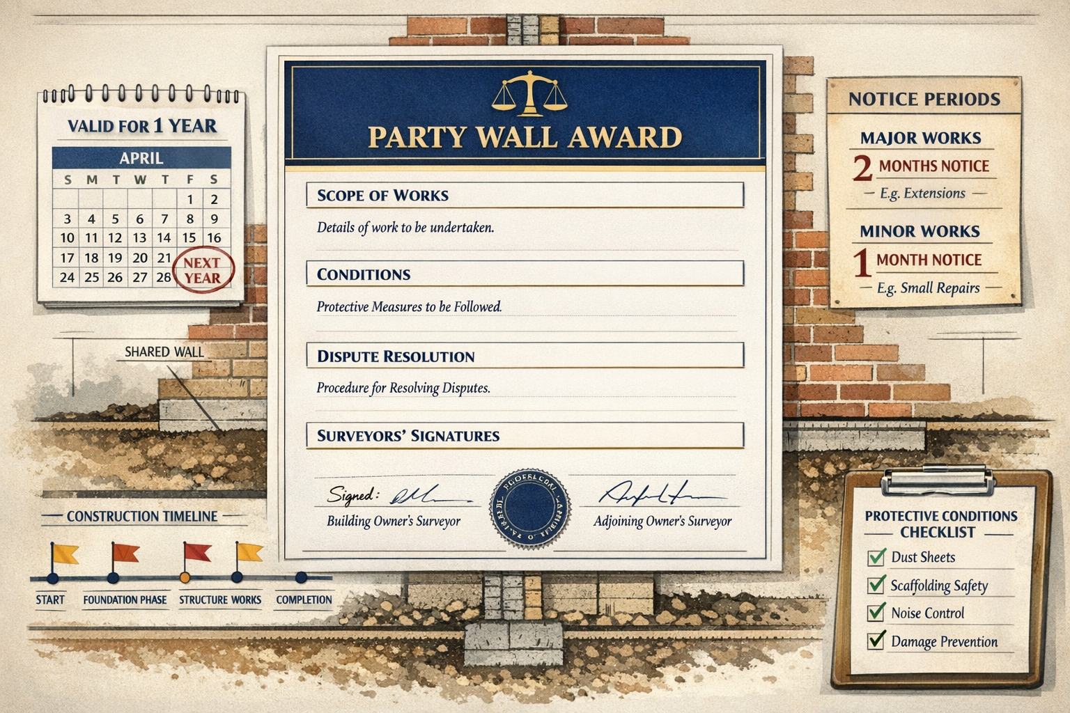 Detailed landscape format (1536x1024) illustration of party wall award document template with strategic elements highlighted. Central focus