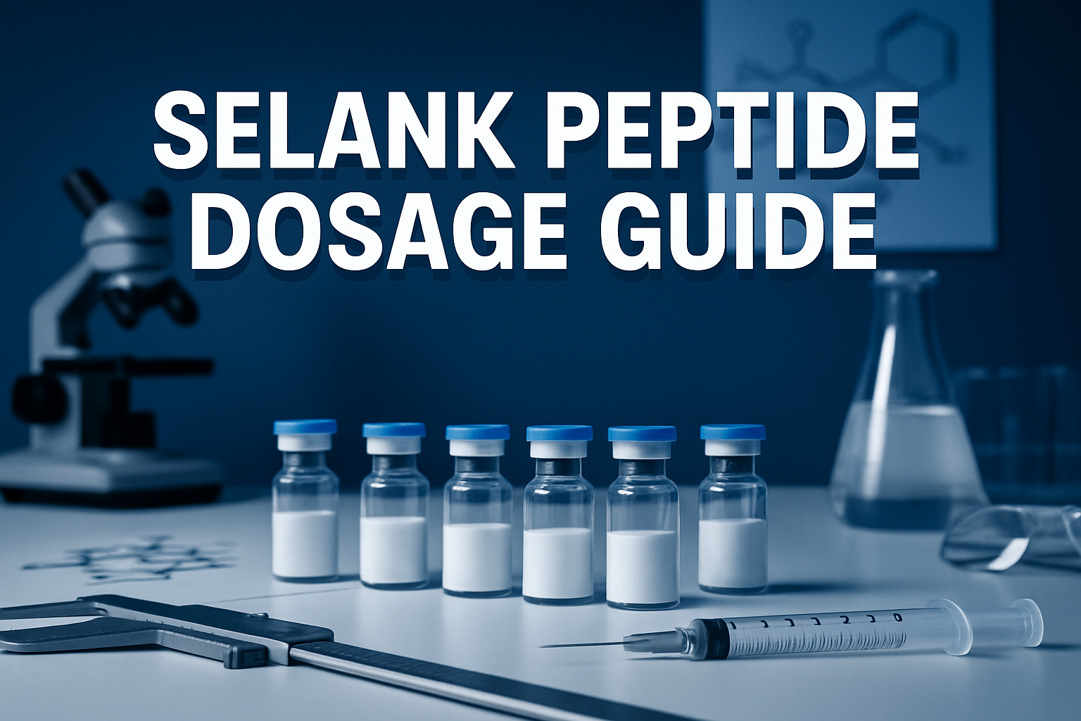 Professional landscape hero image (1536x1024) featuring bold text overlay 'SELANK PEPTIDE DOSAGE GUIDE' in extra large 72pt white sans-serif