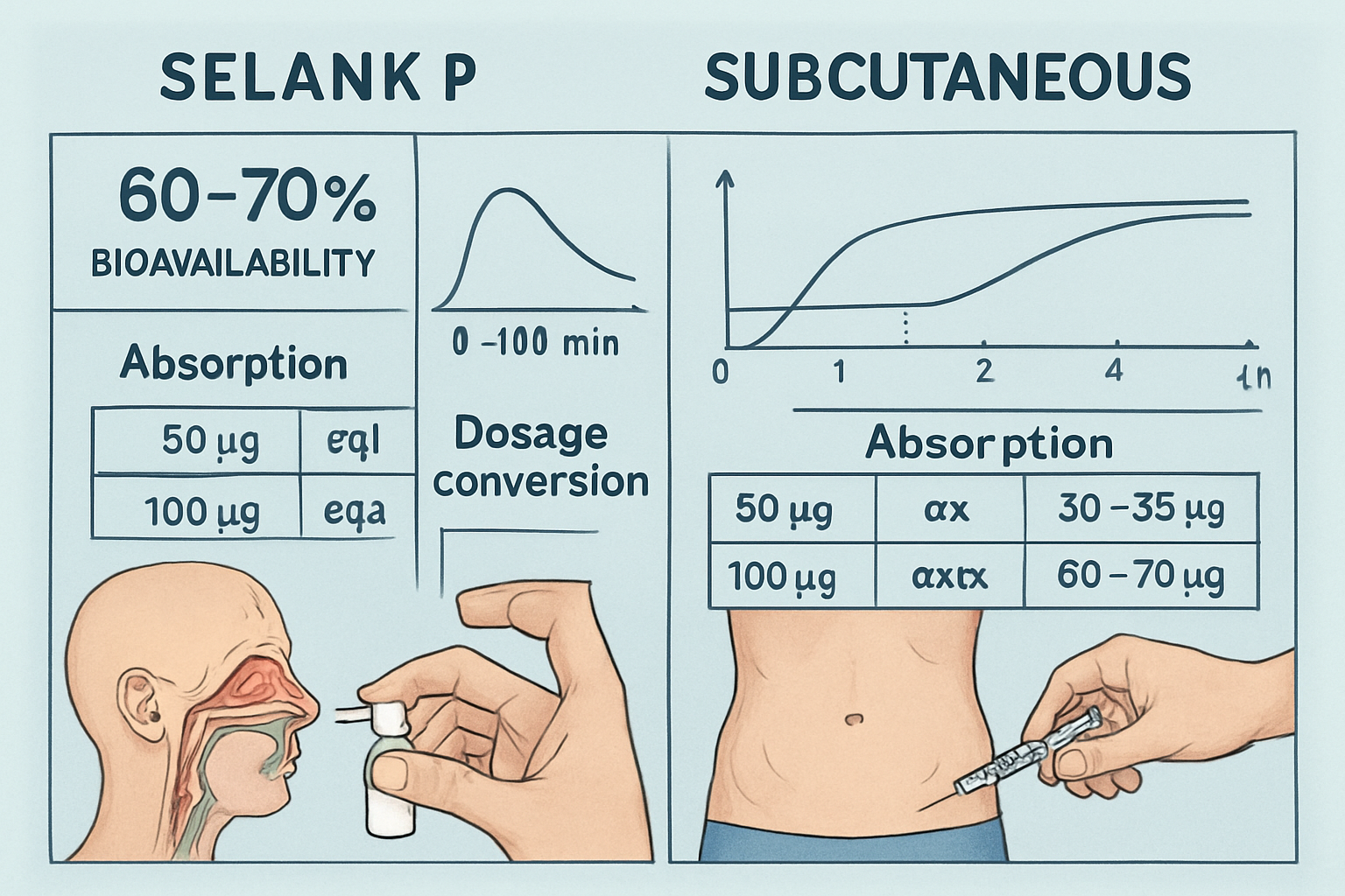 Laboratory comparison chart displaying intranasal vs subcutaneous administration methods for Selank peptide, showing bioavailability percent