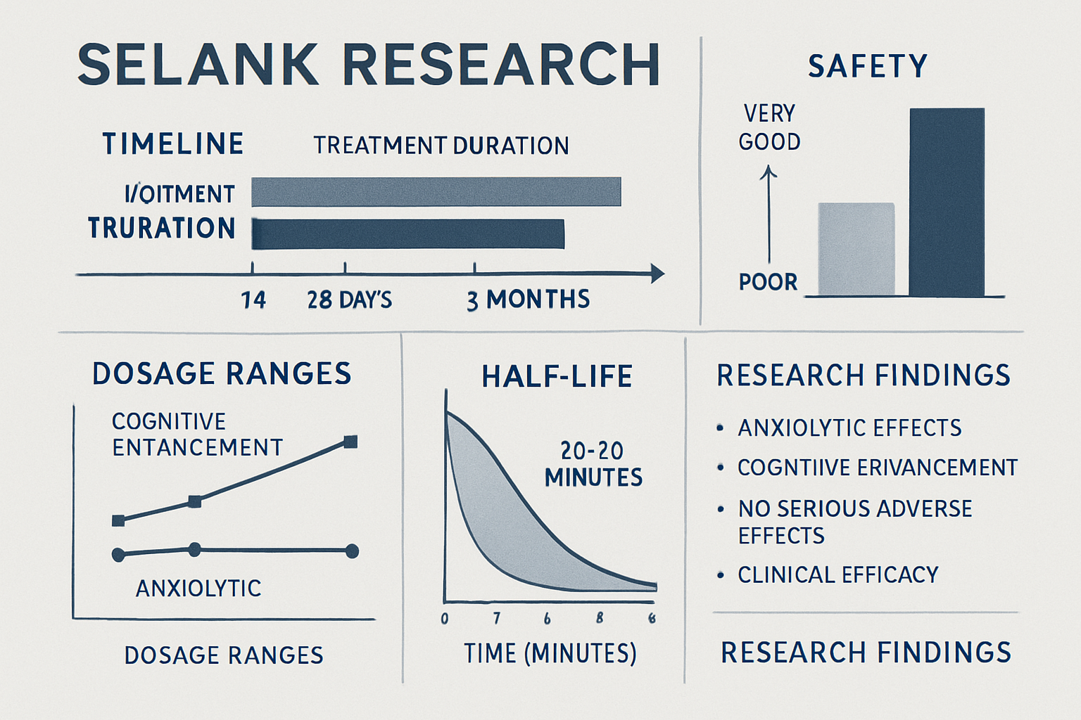 Clinical research timeline visualization showing Selank treatment protocols from 14-28 days to 3-month studies, safety profile data, cogniti