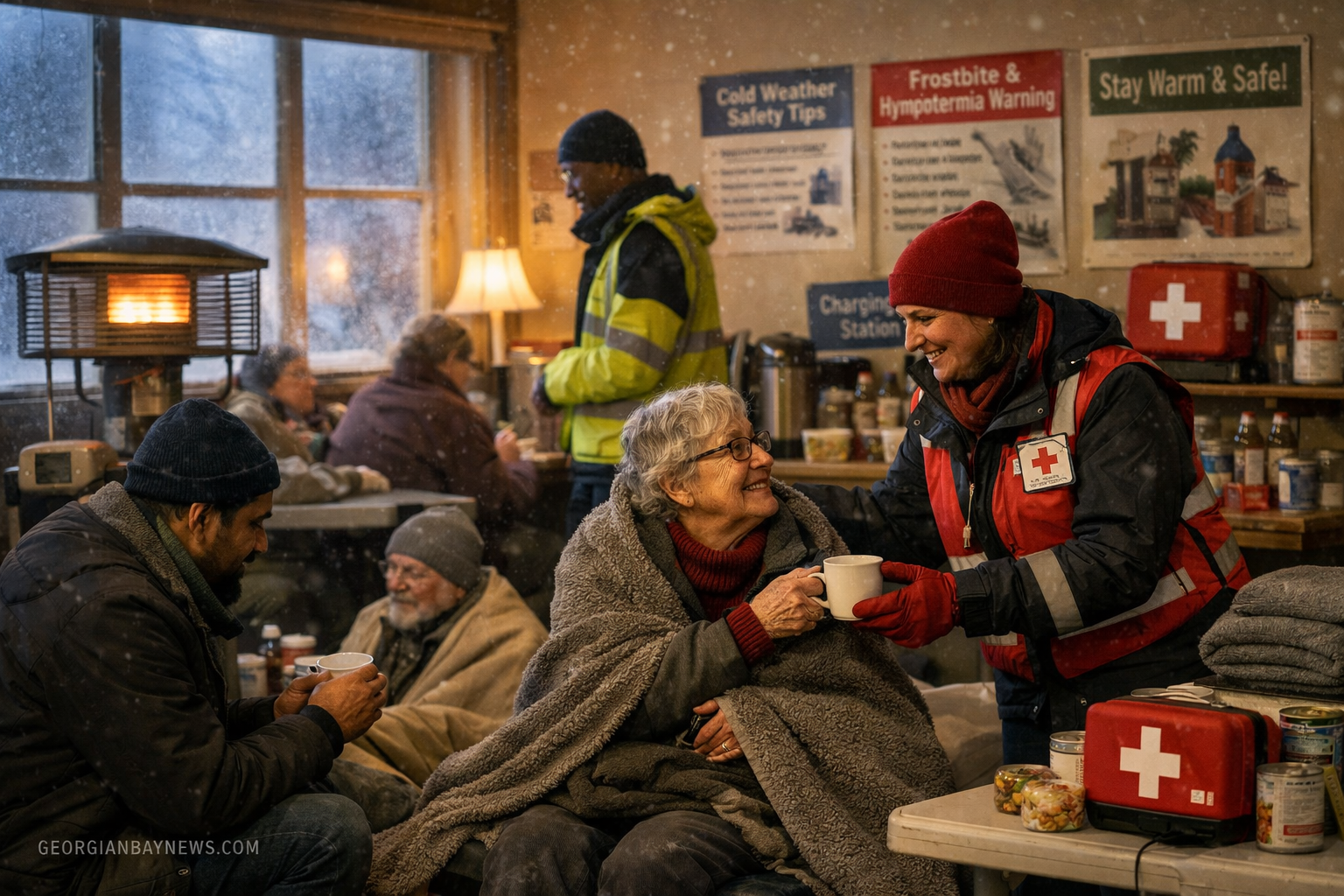 Include the text: GEORGIANBAYNEWS.COM, in each image in a discreet fashion. Compelling landscape scene (1536x1024) showing community warming