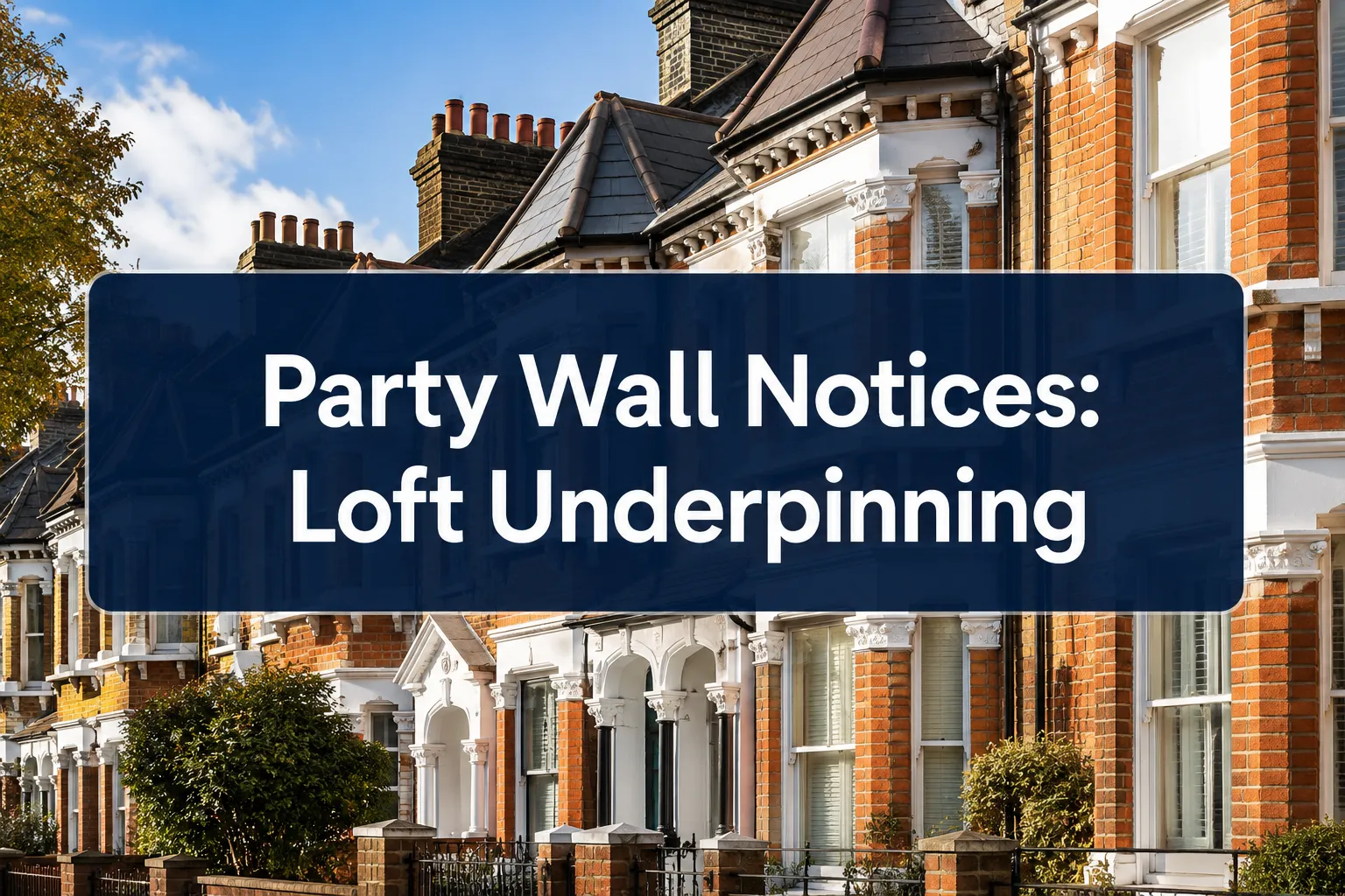 Professional () hero image with (≤42 chars): 'Party Wall Notices: Loft Underpinning' in crisp white on a deep navy