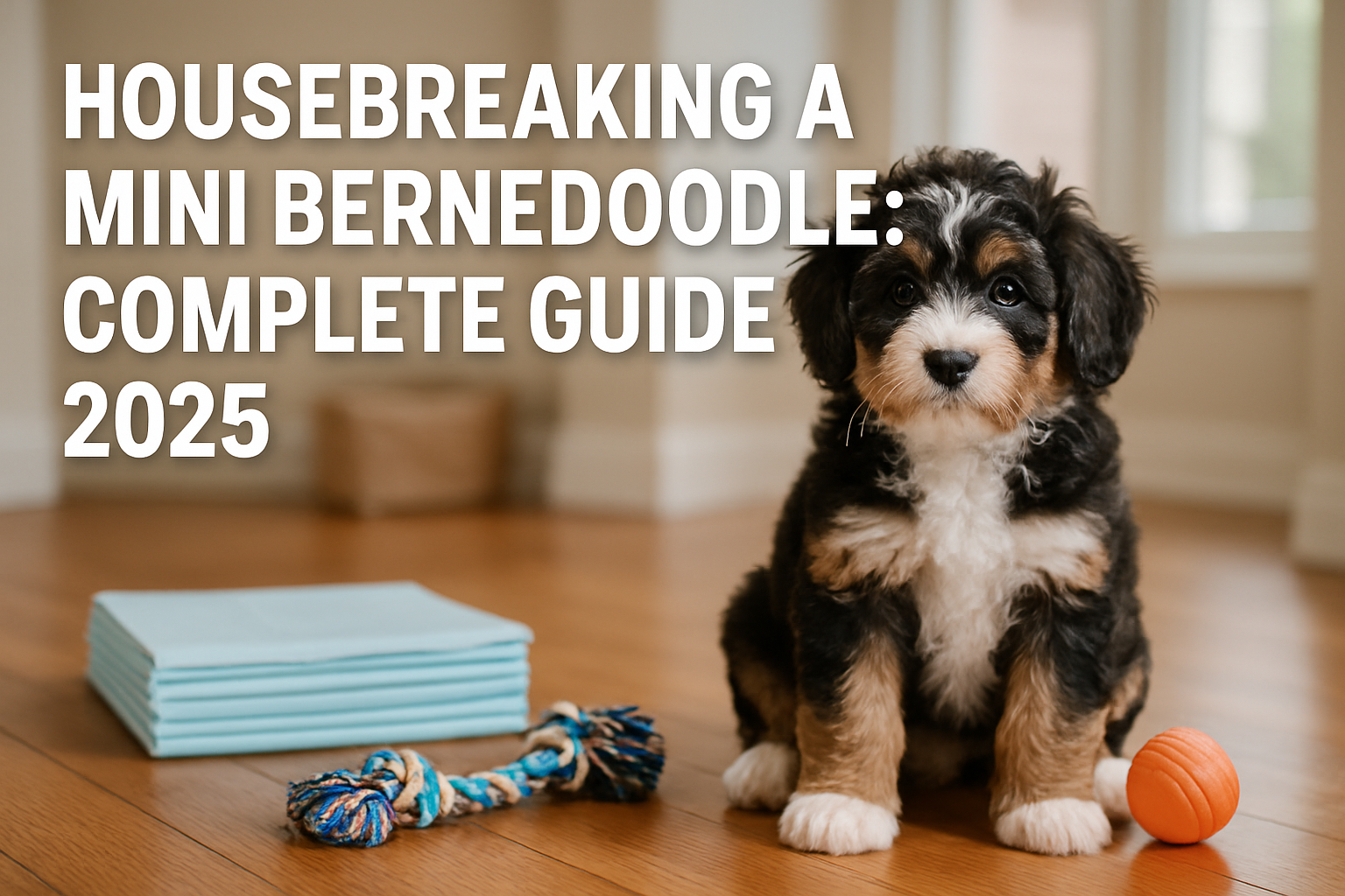 Professional landscape hero image (1536x1024) featuring adorable mini bernedoodle puppy sitting on clean hardwood floor next to training pad