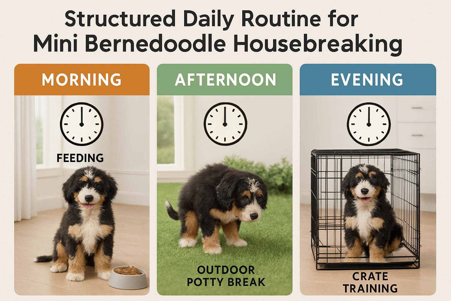 Landscape image (1536x1024) depicting structured daily routine for mini bernedoodle housebreaking with split-screen composition showing morn