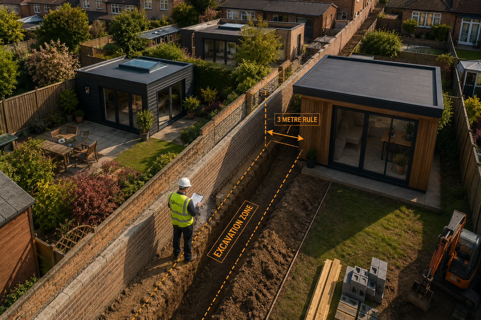 Aerial bird's-eye view () showing a row of UK suburban back gardens with newly built garden offices and outbuildings