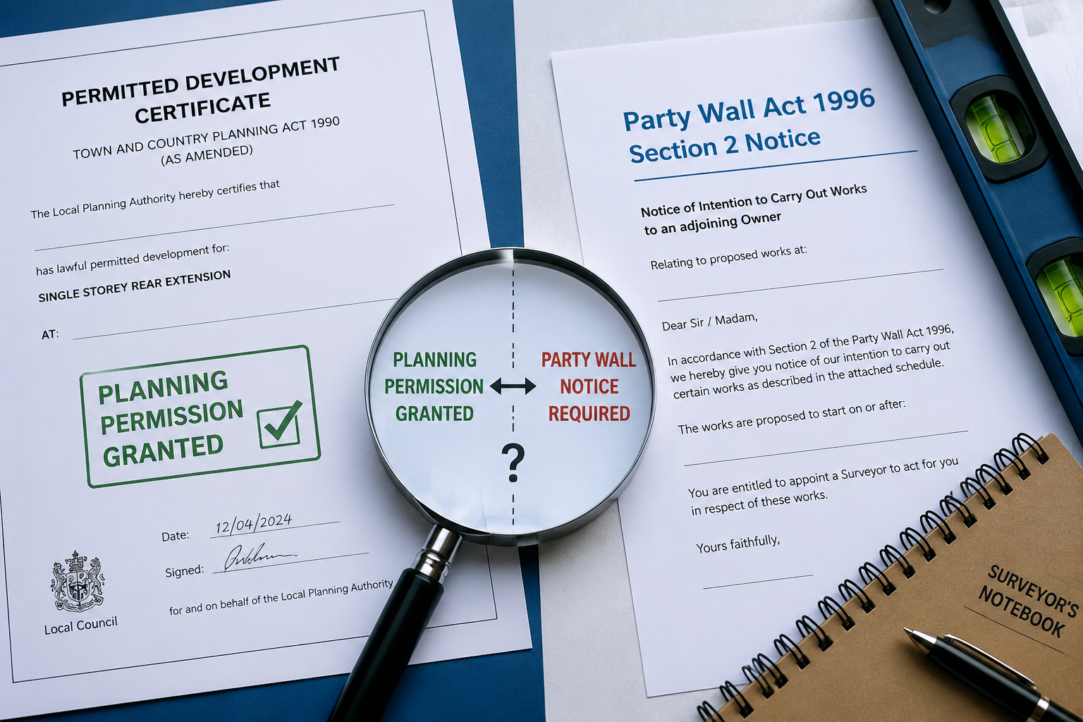 Close-up () split-composition image: left side shows a permitted development certificate document with planning stamps,