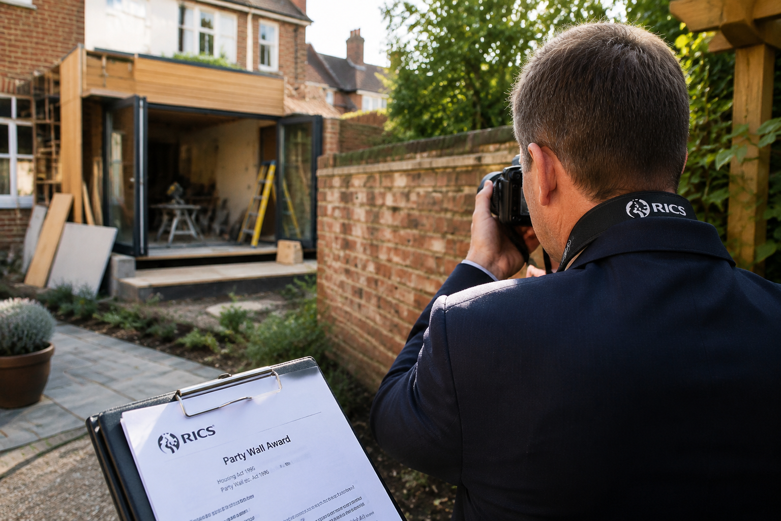 () showing a professional RICS chartered party wall surveyor in formal attire conducting a schedule of condition survey