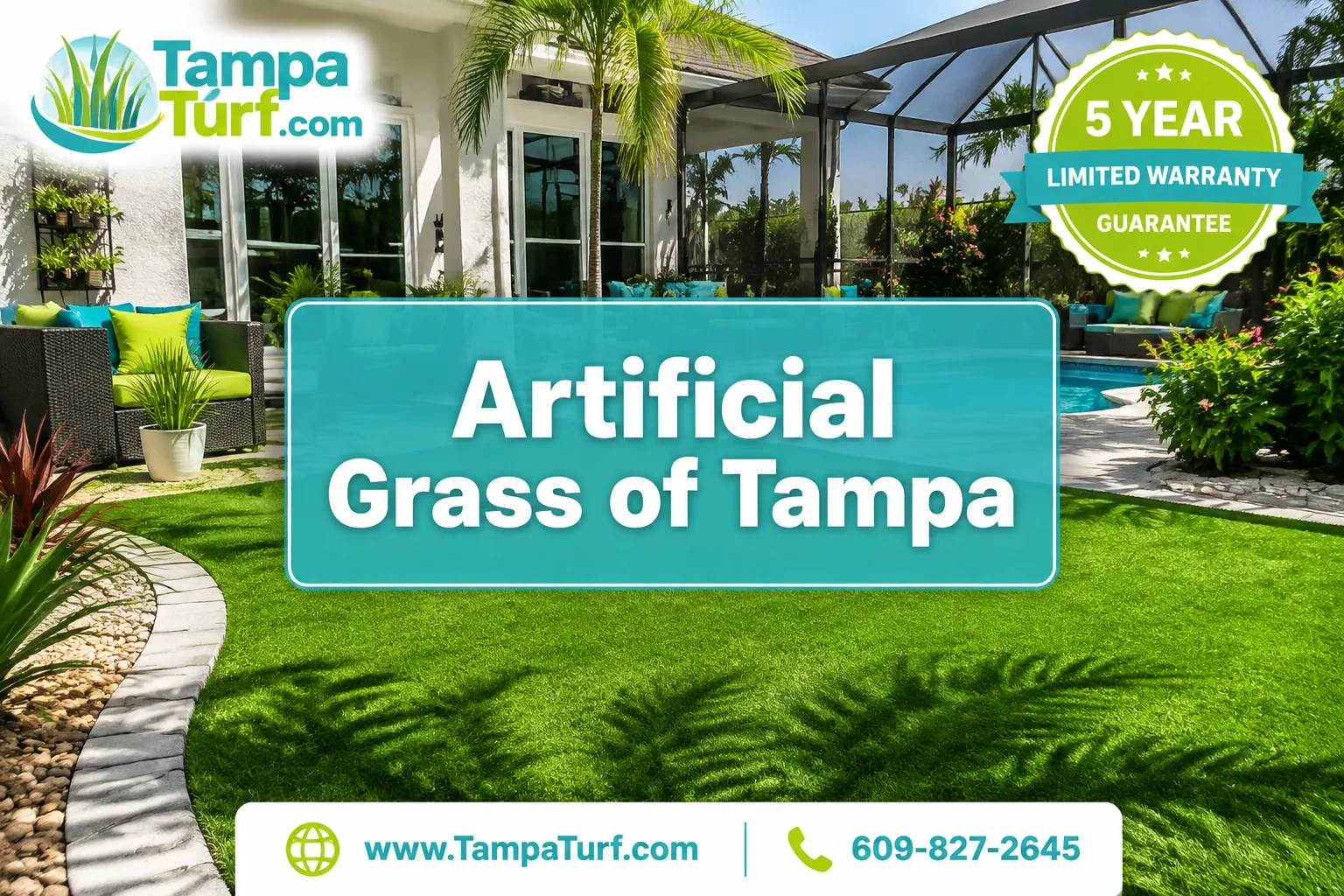 Professional () editorial hero image with SHORT (≤42 chars): 'Artificial Grass of Tampa', crisp white on a semi-transparent