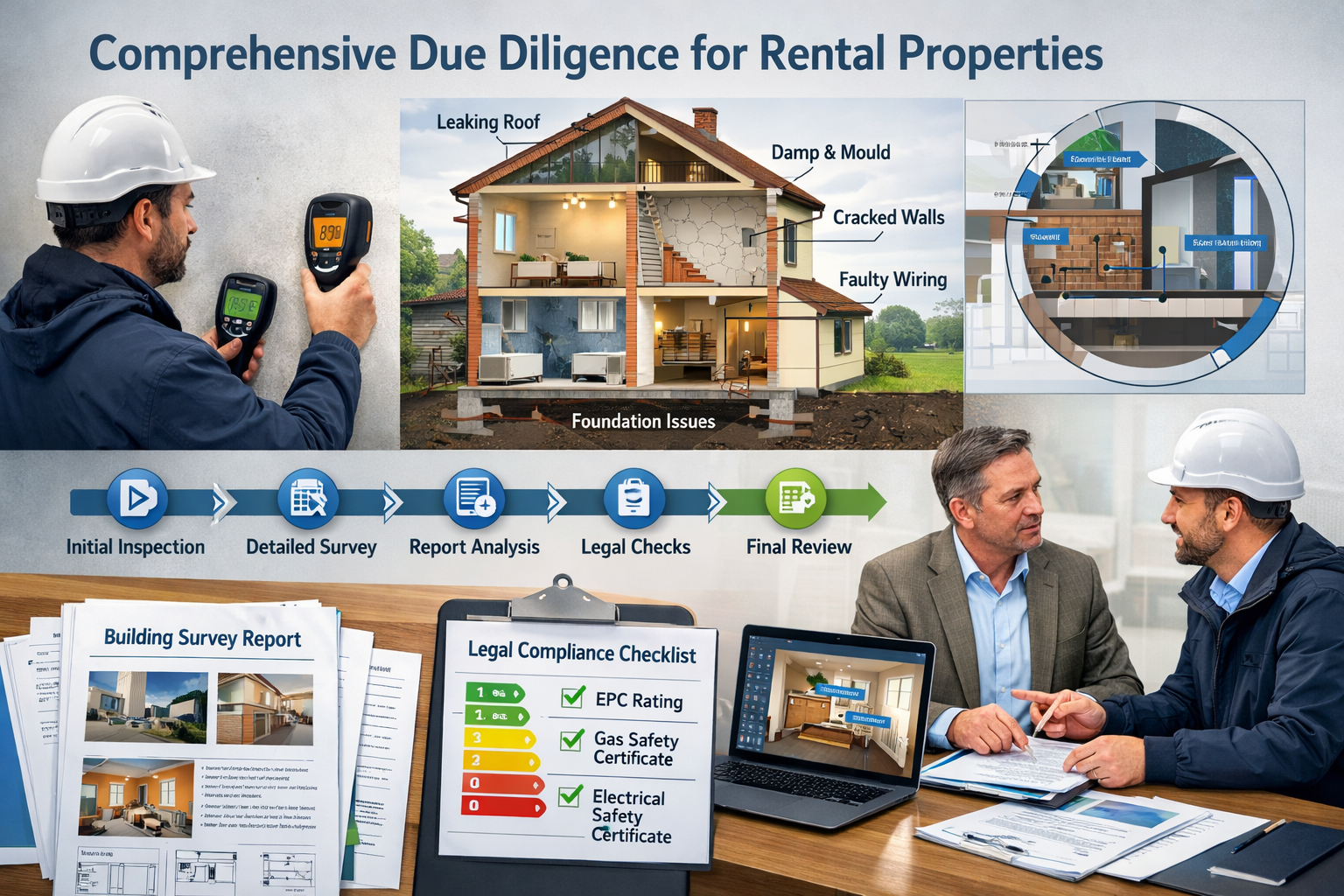 Landscape format (1536x1024) image showing comprehensive due diligence process for rental properties. Display professional surveyor examinin