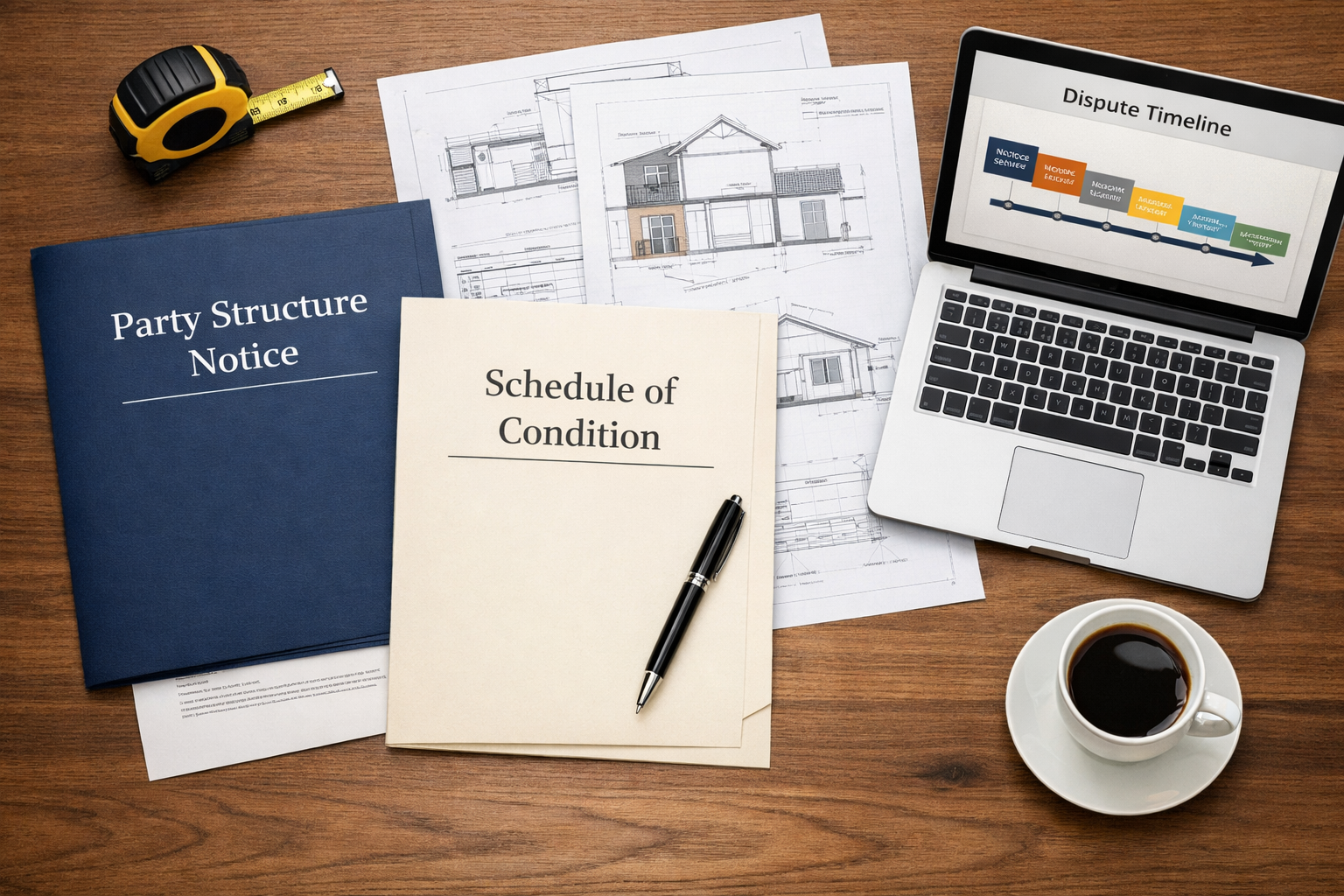 Overhead flat-lay editorial composition showing a large wooden desk with party wall award legal documents, a surveyor's