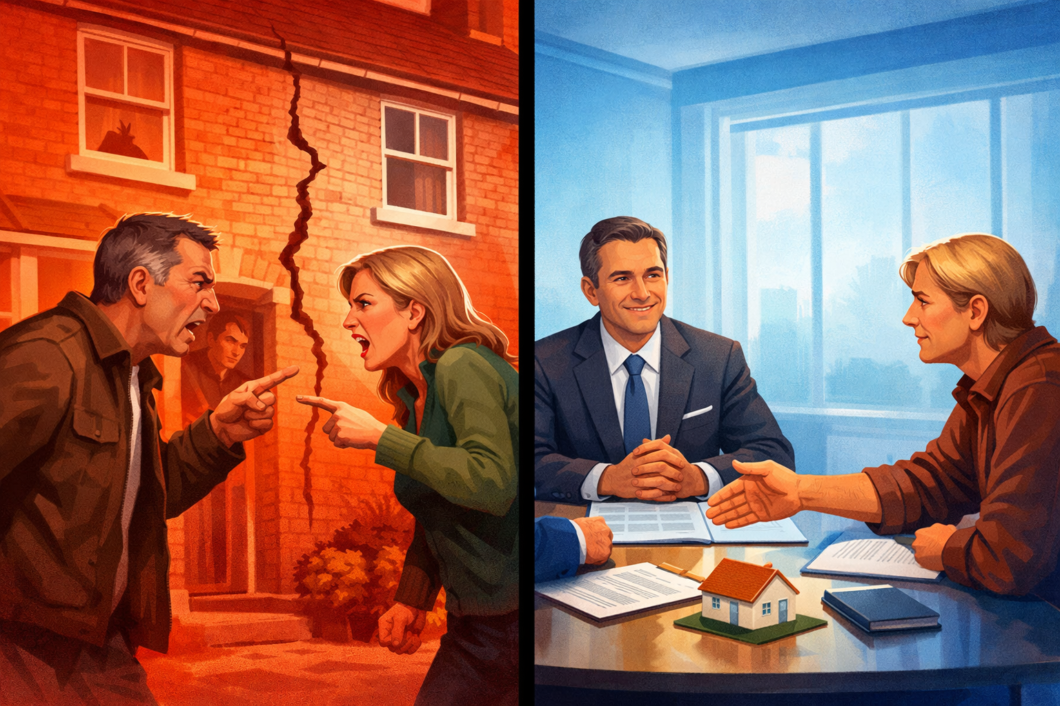 Split-screen infographic-style editorial image: left side shows a stressed homeowner and neighbour in dispute outside a