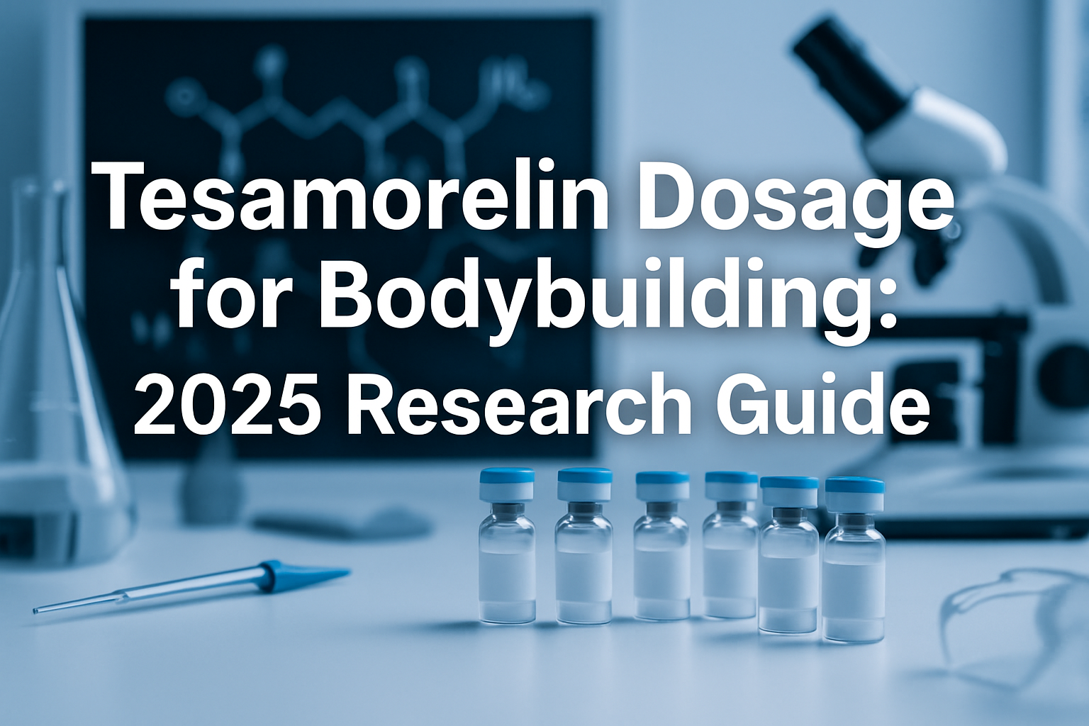 Professional landscape hero image (1536x1024) featuring bold text overlay 'Tesamorelin Dosage for Bodybuilding: 2025 Research Guide' in extr